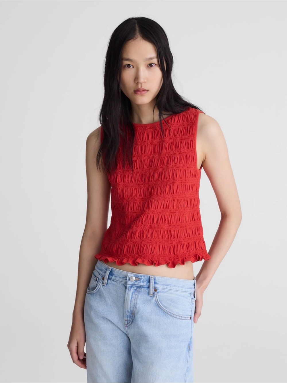 Madewell Red Smocked Sleeveless Tank Wild Poppy Color